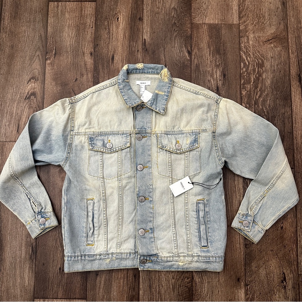 Forever 21 Jean Distressed Blue Denim Trucker Jacket Men’s Size M Blue